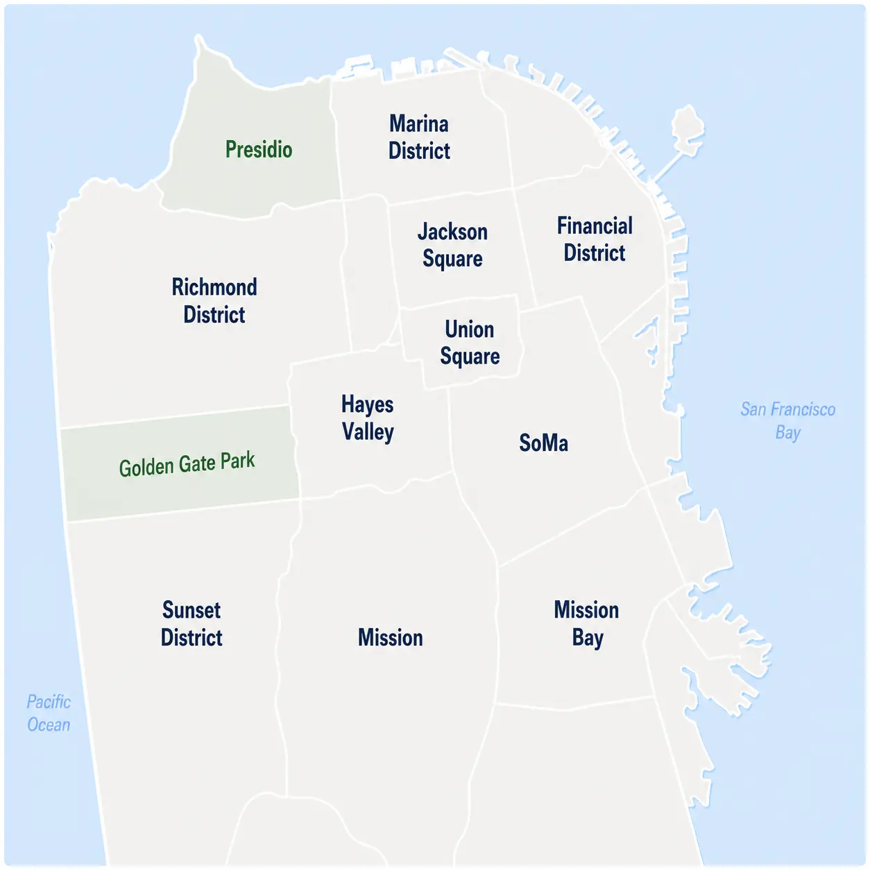 Editorial map of San Francisco showing major commercial districts including SoMa, Mission Bay, Jackson Square, and the Financial District.