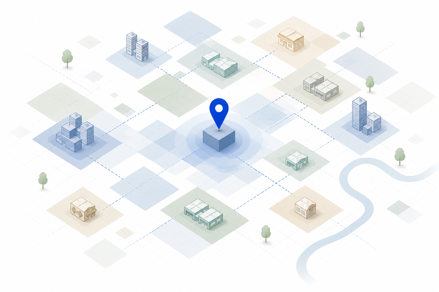Abstract map of commercial districts and connected locations with a highlighted starting point.